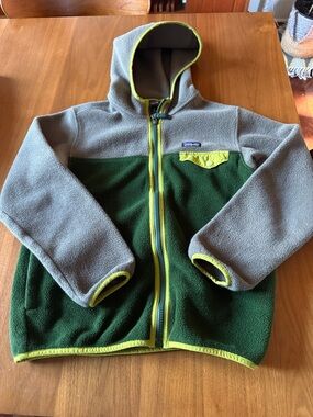 Patagonia Kids Two-Tone Green & Tan Hooded Fleece with Yellow Trim